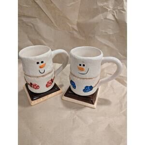 S'MORES MARSHMALLOW FIGURAL COCOA MUGS HOT CHOCOLATE CUPS SNOWMEN PAIR WINTER